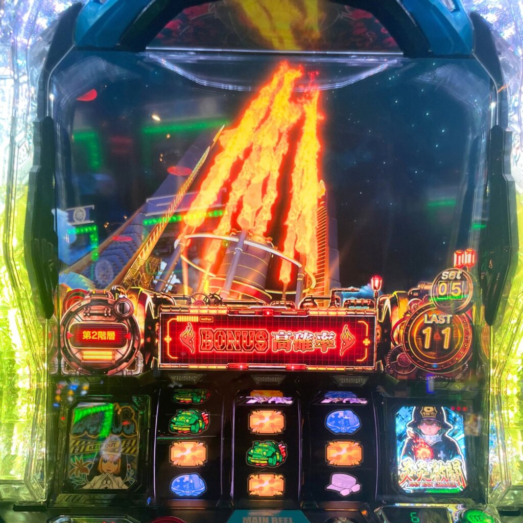 【Lパチスロ 炎炎ノ消防隊】炎炎チャンス中に十字目リプレイ(1/4369)を引いてボーナス当選(期待度)